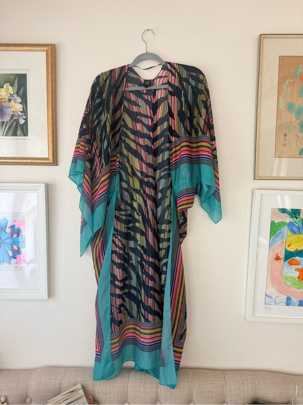 Express Multicolor Striped Kimono with Navy & Pink Accents